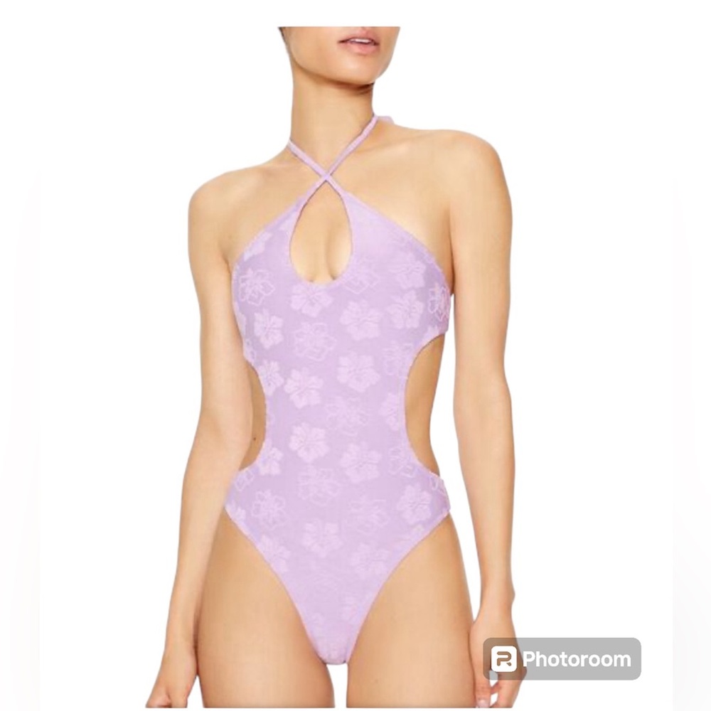 NWOT FOREVER 21 Terry Cloth High Neck One Piece Lilac Cut Out Crossover Swimsuit